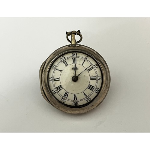 5208 - J. WOOD OF LONDON: An 18th Century silver pair cased pocket watch. The enamelled dial with pierced b... 