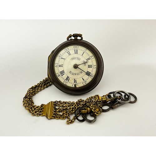 5201 - THOMAS SMITH OF NORWICH: An early to mid 18th Century gilt metal pair cased pocket watch. The enamel... 