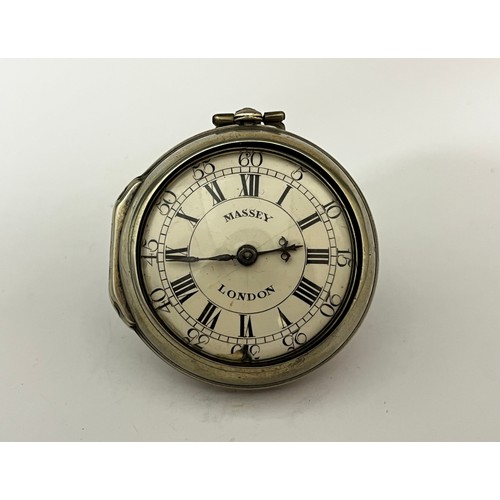 5204 - SIGNED MASSEY, LONDON: An early to mid 18th Century silver pair cased pocket watch. The enamelled Ro... 