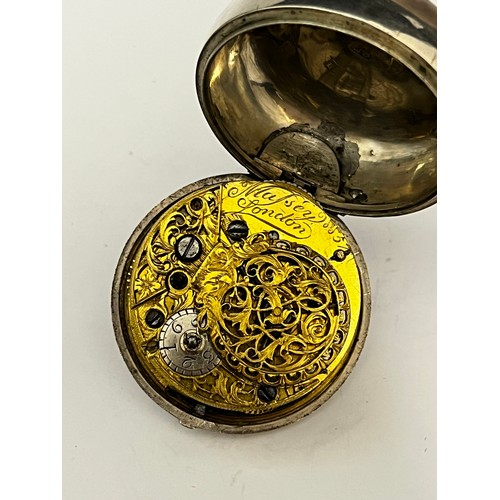 5204 - SIGNED MASSEY, LONDON: An early to mid 18th Century silver pair cased pocket watch. The enamelled Ro... 