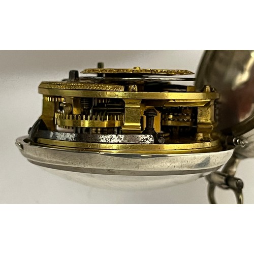 5204 - SIGNED MASSEY, LONDON: An early to mid 18th Century silver pair cased pocket watch. The enamelled Ro... 