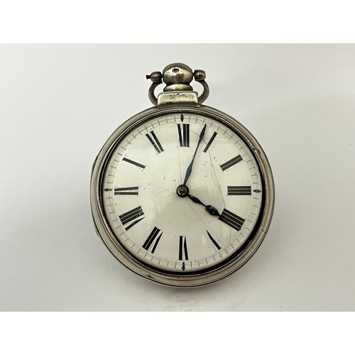 5200 - A 19th Century silver pair cased pocket watch. The enamelled Roman dial (hairlined) with blued steel... 