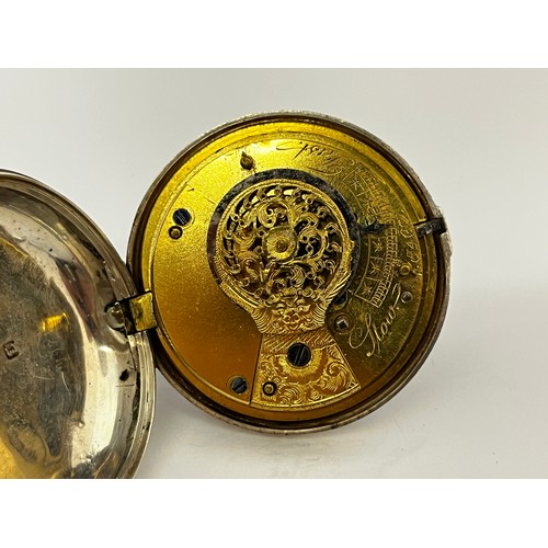 5200 - A 19th Century silver pair cased pocket watch. The enamelled Roman dial (hairlined) with blued steel... 