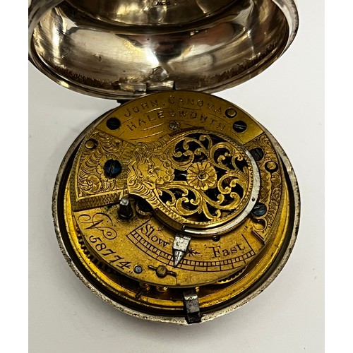 5197 - JOHN MANZIA CANOVA OF HALESWORTH: An early to mid 19th Century silver pair cased pocket watch. The e... 