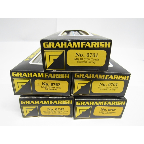 5153 - Five boxed Graham Farish N gauge model railway passenger coaches, comprising 0701 Scotrail Mk III (x... 