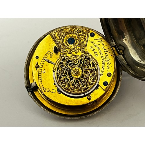 5195 - WILLIAM HUGGIN OF ASHWELLTHORPE: A 19th Century silver pair cased pocket watch, the enamelled Arabic... 