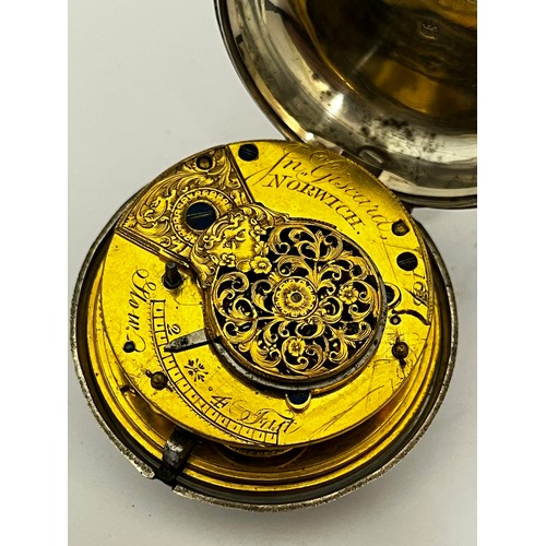 5192 - SIGNED JOHN GISCARD, NORWICH: A late 18th/early 19th Century silver pair cased pocket watch. The ena... 