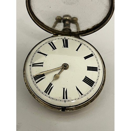 5190 - SIGNED WILLIAM RAY, SUDBURY: A late 18th / early 19th Century silver pair cased pocket watch, the en... 