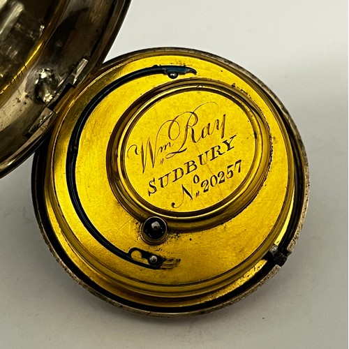 5190 - SIGNED WILLIAM RAY, SUDBURY: A late 18th / early 19th Century silver pair cased pocket watch, the en... 