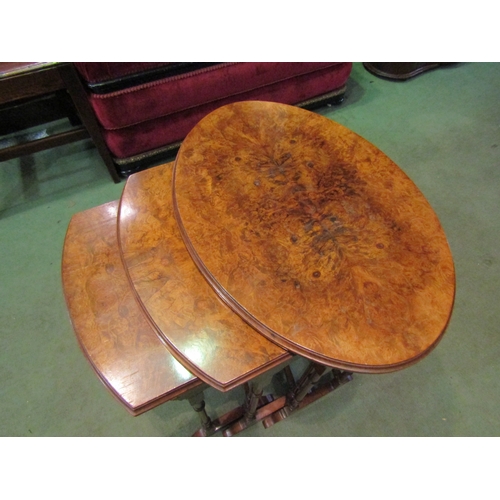 4011 - An Edwardian nest of three graduating burr walnut top occasional tables on ring turned legs and sled... 