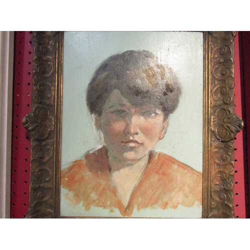 4071 - An oil on board shoulder length portrait of a boy, gilt framed, 31cm x 24cm image size