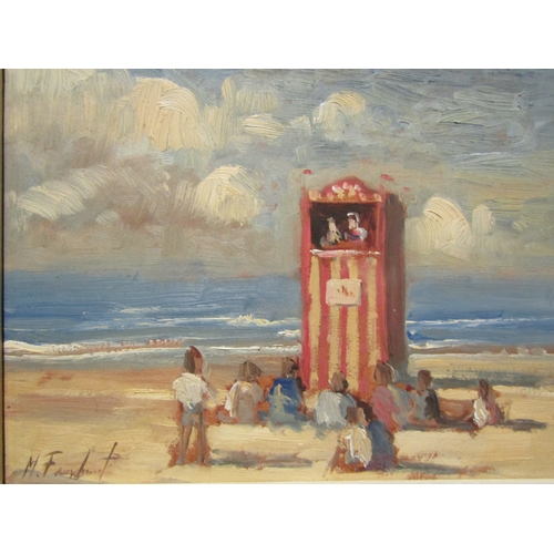 4077 - MILES FAIRHURST (British, 20th Century): An oil on board of children watching a Punch and Judy show ... 