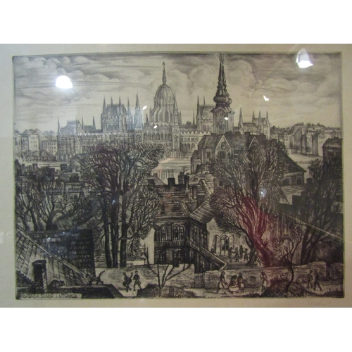 4105 - An etching and engraving depicting Hungarian palace and rural farming scenes, both framed and glazed