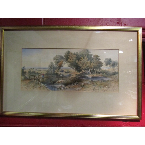 4111 - A pair of landscape watercolours depicting cattle by bridges, 23cm x 52cm image size, together with ... 