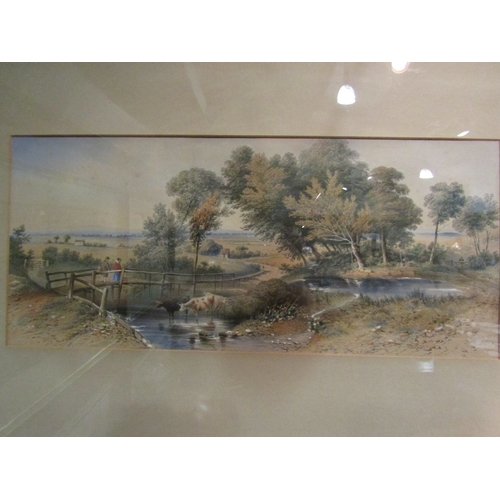 4111 - A pair of landscape watercolours depicting cattle by bridges, 23cm x 52cm image size, together with ... 