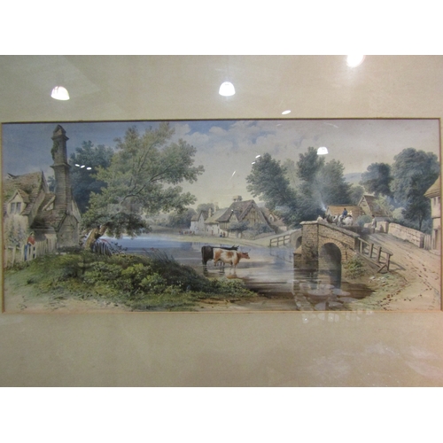 4111 - A pair of landscape watercolours depicting cattle by bridges, 23cm x 52cm image size, together with ... 