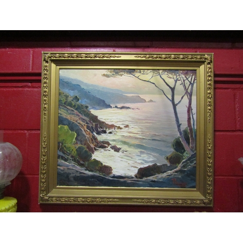 4139 - PONSIUDO: An oil on canvas of rocky coastal landscape, signed lower right, gilt framed, 60cm x 70cm ... 