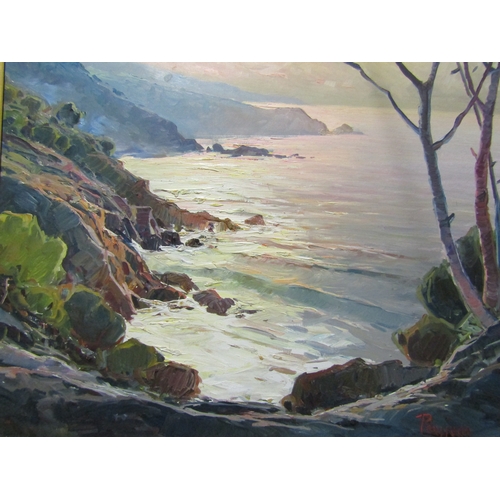 4139 - PONSIUDO: An oil on canvas of rocky coastal landscape, signed lower right, gilt framed, 60cm x 70cm ... 