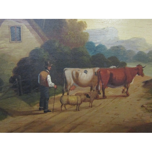 4147 - A 19th Century English School rural landscape depicting farmer with sheep and cattle, gilt framed, 4... 