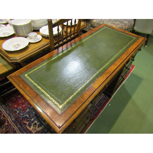 4168 - A George III revival herringbone crossbanded walnut twin pedestal desk the gilt tooled leather writi... 