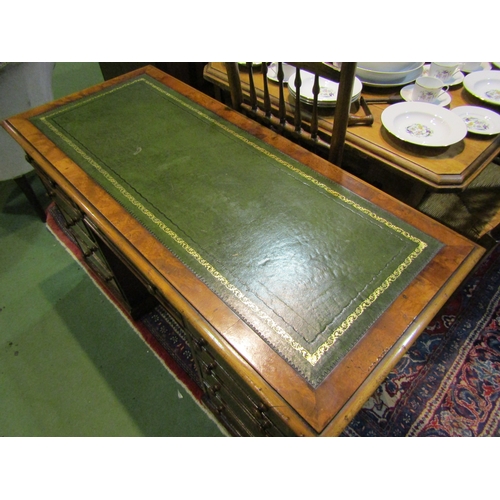 4168 - A George III revival herringbone crossbanded walnut twin pedestal desk the gilt tooled leather writi... 