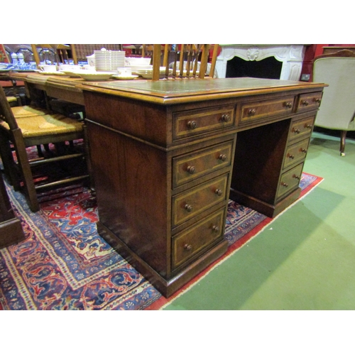 4168 - A George III revival herringbone crossbanded walnut twin pedestal desk the gilt tooled leather writi... 