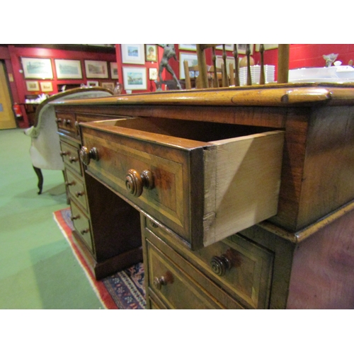 4168 - A George III revival herringbone crossbanded walnut twin pedestal desk the gilt tooled leather writi... 