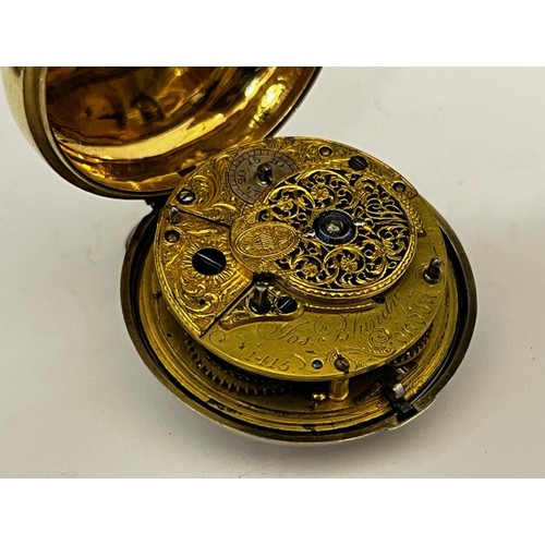 5155 - JOSEPH BLUNDY OF LONDON: An 18th Century silver gilt pair cased pocket watch, enamelled Roman dial, ... 