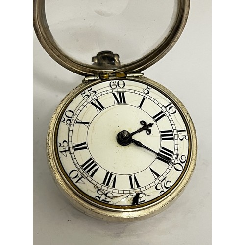 5170 - THOMAS BUTT OF LONDON: An early-mid 18th Century silver pair cased pocket watch, enamelled Roman and... 