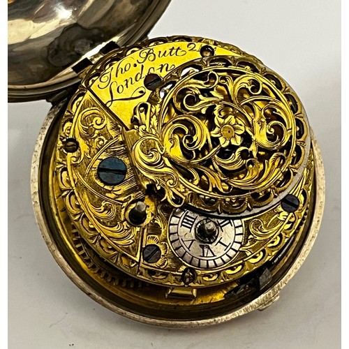 5170 - THOMAS BUTT OF LONDON: An early-mid 18th Century silver pair cased pocket watch, enamelled Roman and... 