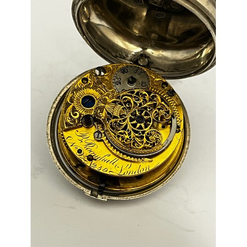 5152 - SIGNED B. ROOMHALL, LONDON: An 18th Century silver pair cased pocket watch, enamelled Roman dial (a/... 