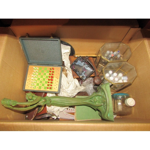 4204 - A box of miscellaneous including large seed, hip flask, wooden box and records etc