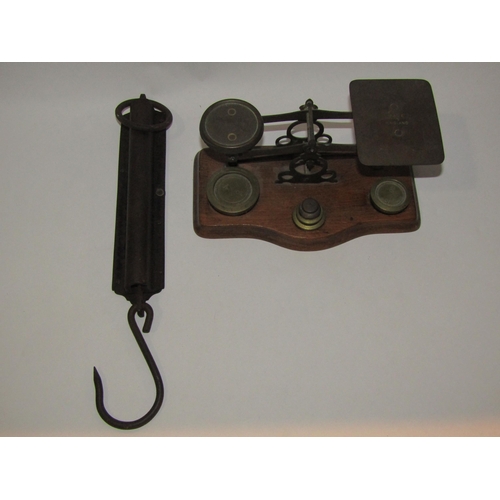 4263 - A pair of brass postal scales and weights and a salter's spring balance