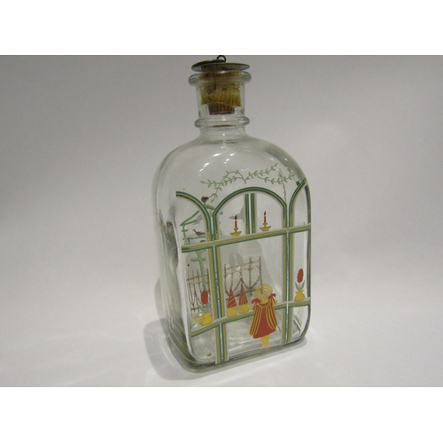 4285 - A bottle/decanter painted with young girl gazing out of the window, birds to reverse, cork stopper, ... 