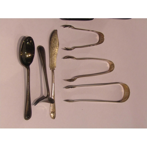 4345 - A Walker & Hall silver feeding set, three silver sugar tongs and a butter knife