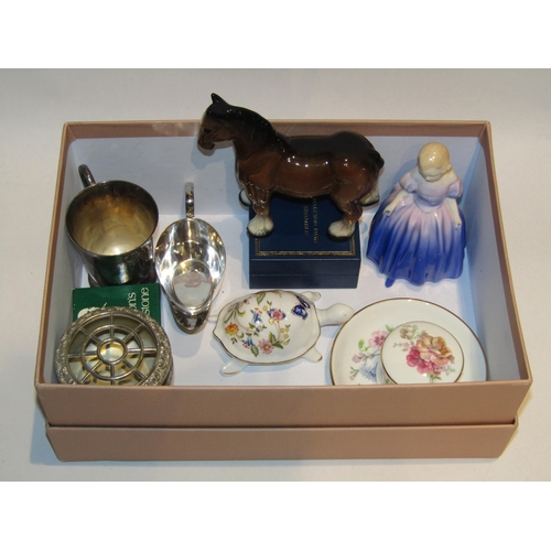 4377 - A mixed lot including Halcyon Days enamel patch pot, Aynsley tortoise, plated wares and Royal Doulto... 