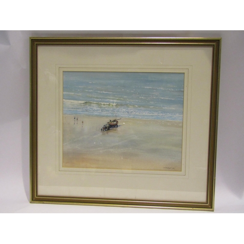 4383 - T.P. BALL '92: Watercolour of a beach scene, fishermen hauling a boat ashore. Signed and dated lower... 