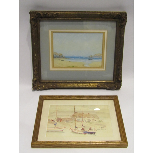 4399 - A Naive watercolour depicting dwellings and boats on shoreline, framed and glazed, 13cm x 19cm, and ... 