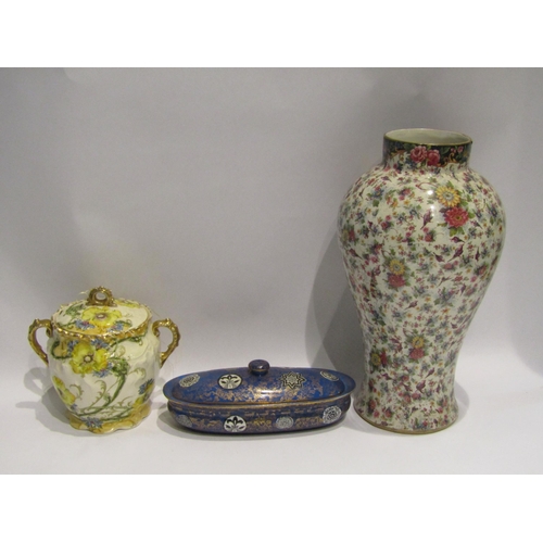 4404 - A chintz baluster form vase, 33cm tall, a 'Fenton' toothbrush box and a Victorian twin handled lidde... 