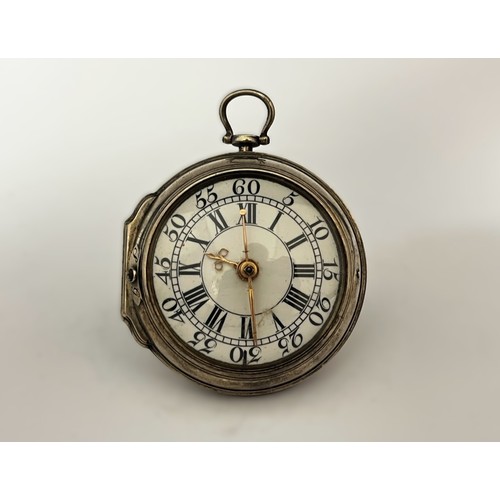 5183 - JOSEPH HERRING OF LONDON: An early to mid 18th Century silver double hinged pocket watch, enamelled ... 