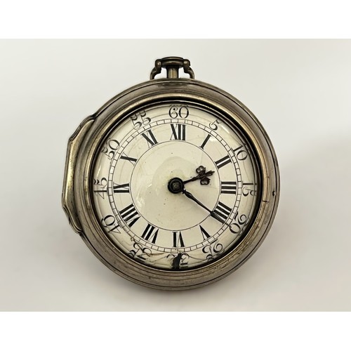 5170 - THOMAS BUTT OF LONDON: An early-mid 18th Century silver pair cased pocket watch, enamelled Roman and... 