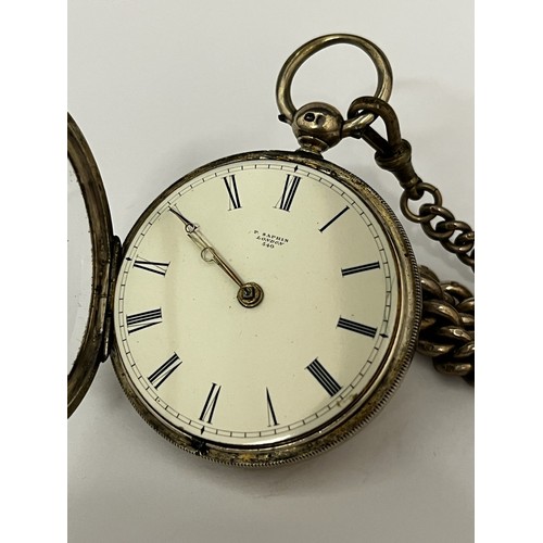 5144 - SIGNED P. SAPHIN, LONDON: A 19th Century silver open-faced pocket watch, enamelled Roman dial signed... 