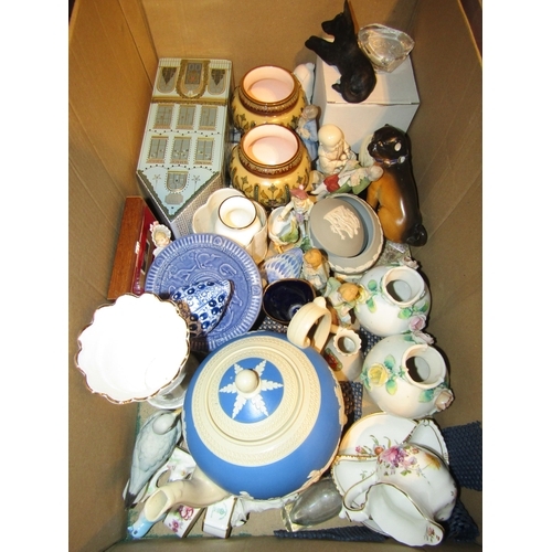 4381 - Two boxes of ceramics and glass including Wedgwood dish, Royal Crown Derby, egg nest, Copeland teapo... 