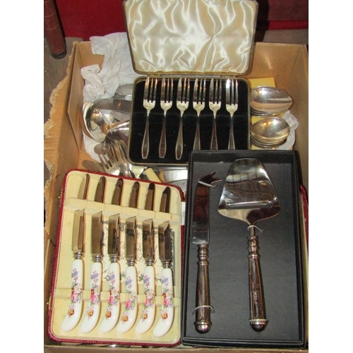 4390 - A box of plated flatware, some cased examples