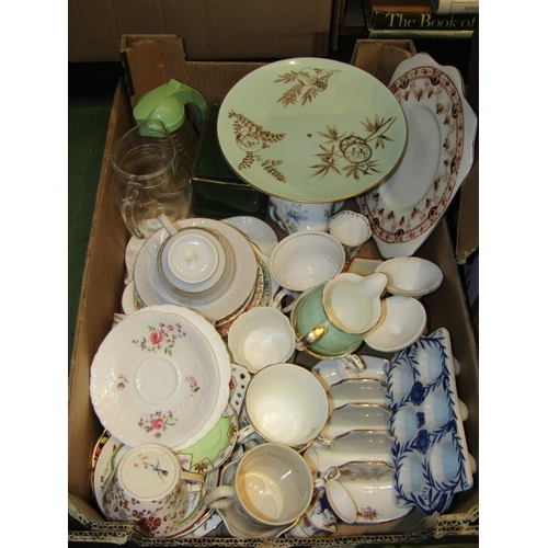 4405 - Two boxes containing a collection of teacups and saucers, a metal teapot, two cake stands, a bakelit... 