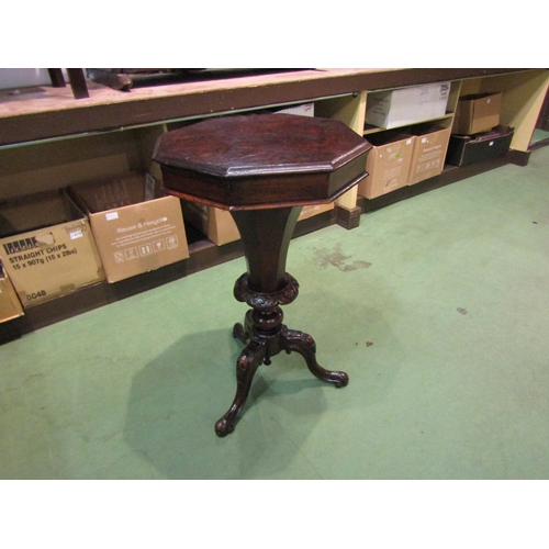 4195 - A Victorian burr walnut octagonal top trumpet sewing table on carved tripod feet, 75cm tall