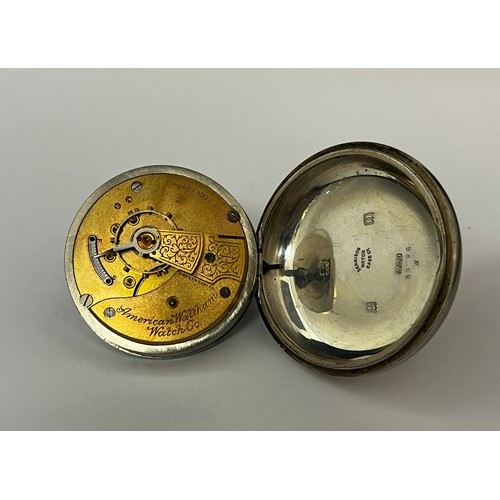 5141 - A Waltham USA silver open-faced keyless wind pocket watch, white enamel Roman numerated dial with su... 