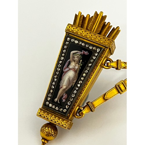 5075 - A mid-19th Century gold, enamel and diamond set pendant-watch. The case in the form of a quiver topp... 