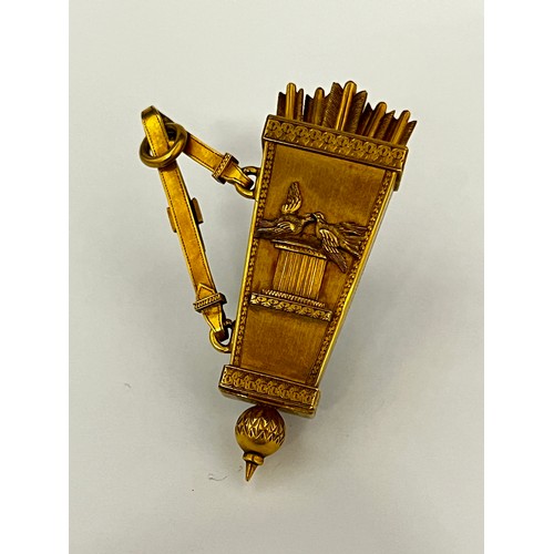 5075 - A mid-19th Century gold, enamel and diamond set pendant-watch. The case in the form of a quiver topp... 