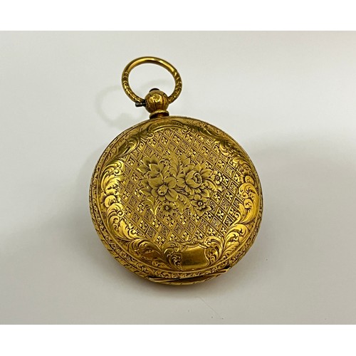 5048 - An 18ct gold cased open-faced pocket watch, champlevé gilt dial with Roman numerals and foliate deta... 